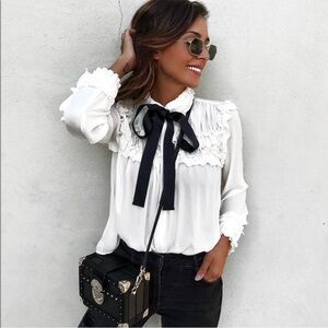 GORGEOUS ZARA Romantic Ruffle Blouse w Bow Tie m blogger’s favorite medium